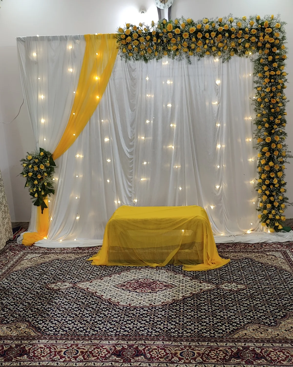 Marigold and gold haldi ceremony backdrop in Bengaluru
